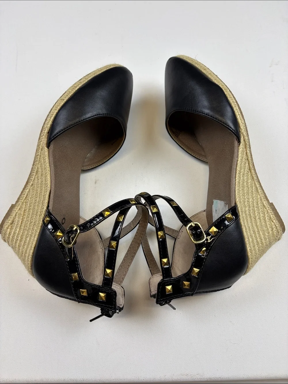 RIALTO BLACK STUDDED ESPADRILLE WEDGE PUMPS POINTED TOE ANKLW STRAP SIZE 9.5